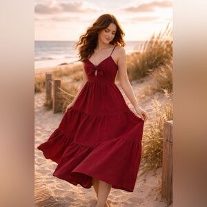 Trixxi Syrah Tiered Maxi Dress XL Bow Keyhole Pockets